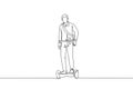 One continuous line drawing of young happy worker man stand and ride hoverboard to office. Green transportation. Future urban