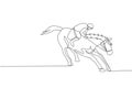 One continuous line drawing of young horse rider man in action. Equine training at racing track. Equestrian sport competition