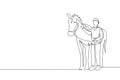 One continuous line drawing of young horse rider man rubbing and stroking horsehair at stable. Equine care. Equestrian sport