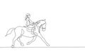 One continuous line drawing of young horse rider woman in action. Equine run training at racing track. Equestrian sport