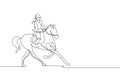 One continuous line drawing of young horse rider woman in action. Equine run training at racing track. Equestrian sport Royalty Free Stock Photo