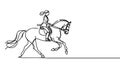 One continuous line drawing of young horse rider woman in action. Equine run training at racing track.