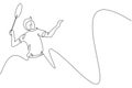 One continuous line drawing of young male badminton player hit shuttlecock with racket. Competitive sport concept. Dynamic single Royalty Free Stock Photo