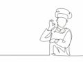 One continuous line drawing of young male chef pose casually while giving excellent food taste gesture. Restaurant banner concept