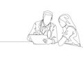 One continuous line drawing of young male doctor giving consultation session to female patient while reading medical record