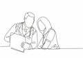 One continuous line drawing of young male doctor giving consultation session to female patient while reading medical record.