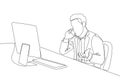 One continuous line drawing of young male employee get call from his manager and asking to explain sales dropped