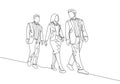 One continuous line drawing of young male and female managers talking and walking together on office lobby to go to canteen