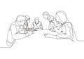 One continuous line drawing of young male and female sales managers meeting to discuss company goal target at the office