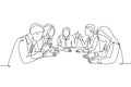 One continuous line drawing of young male and female sales managers meeting to discuss company goal target at the office. Sales