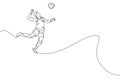 One continuous line drawing of young male professional volleyball player in action jumping spike on court. Healthy competitive