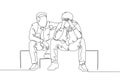 One continuous line drawing of young male worker calms down his stressed friend while sitting at bench. Friendship consultation