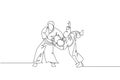 One continuous line drawing young man aikido fighter practice fighting trick at dojo training center. Martial art combative sport