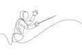 One continuous line drawing of young man fencing athlete practice fighting on professional sport arena. Fencing costume and