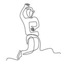 One continuous line drawing of a young man holding a book while jump and raised hand. Happy cheerful teenager male success his Royalty Free Stock Photo