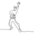 One continuous line drawing of a young man holding a book while jump and raised hand. Happy cheerful teenager male success his Royalty Free Stock Photo