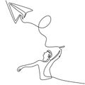 One continuous line drawing of young man launching a toy plane in the field. Happy teenager boy playing airplane into the sky