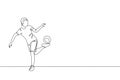 One continuous line drawing of young man soccer freestyler practice to hold ball with soles of the feet in the street. Football