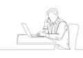 One continuous line drawing of young manager typing on laptop during receiving phone call from his staff at the office