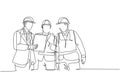 One continuous line drawing of young managers explaining short brief about construction concept to construction builders. Building