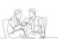 One continuous line drawing of young marketing manager presenting new strategy to growing product sales to company CEO. Business