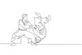 One continuous line drawing of young men aikido fighter practice fighting technique at dojo training center. Martial art combative