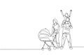 One continuous line drawing of young mom pushing baby stroller at park while dad carrying his son on shoulder. Happy family Royalty Free Stock Photo