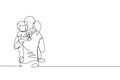 One continuous line drawing of young mother hugging her sleepy son while holding airplane toy at home, family life. Happy