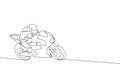 One continuous line drawing of young moto biker practicing to improve bike speed. Super bike racing concept vector illustration.