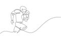 One continuous line drawing of young muscular man american football player running and hold the ball for competition poster. Sport Royalty Free Stock Photo