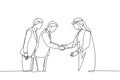 One continuous line drawing of young muslim business man bowing to his Japanese partner. Saudi Arabian businessmen with shemag, Royalty Free Stock Photo