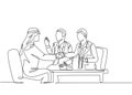 One continuous line drawing of young muslim business man deal project in business meeting . Saudi Arabian businessmen with shemag Royalty Free Stock Photo