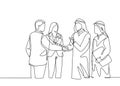 One continuous line drawing of young muslim business man handshake with his colleague. Saudi Arabian businessmen with shemag, Royalty Free Stock Photo