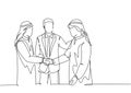 One continuous line drawing of young muslim business man handshake his colleague. Saudi Arabian businessmen with shemag, kandura, Royalty Free Stock Photo