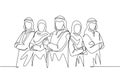 One continuous line drawing of young muslim businesspeople line up neatly with crossing hands on chest. Islamic clothing shemag, Royalty Free Stock Photo