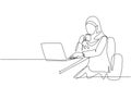 One continuous line drawing of young muslimah businesswomen reading business presentation on laptop screen. Saudi Arabian female