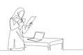 One continuous line drawing of young muslimah marketing manager reading sales report paper from team member while holding a cup of Royalty Free Stock Photo