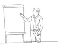 One continuous line drawing of young presenter delivering increasing product sales report to finance manager. Business