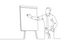 One continuous line drawing of young presenter delivering increasing product sales report to finance manager