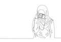 One continuous line drawing of young pretty happy muslimah with headscarf hold camera on hand. Beautiful Asian woman model in Royalty Free Stock Photo