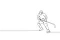 One continuous line drawing of young professional ice hockey player exercising and practicing on ice rink stadium. Healthy extreme Royalty Free Stock Photo