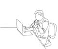 One continuous line drawing of young programmer take a phone call using analog phone to ask coding language to his friend at the Royalty Free Stock Photo