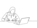 One continuous line drawing of young serious female worker sitting pensively while watching laptop screen at work desk. Business