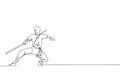 One continuous line drawing of young shaolin monk man practice kung fu with stick at temple ground. Traditional Chinese combative Royalty Free Stock Photo