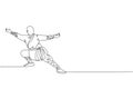 One continuous line drawing of young shaolin monk man practice kung fu style at temple ground . Traditional Chinese combative