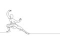 One continuous line drawing of young shaolin monk man practice kung fu style at temple ground . Traditional Chinese combative