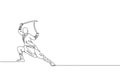 One continuous line drawing of young shaolin monk man practice kung fu with swords at temple ground . Traditional Chinese