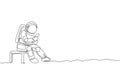 One continuous line drawing of young spaceman on spacesuit siting on chair and texting using handphone. Astronaut business office