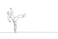 One continuous line drawing of young sporty Brazilian fighter man training capoeira on the beach. Healthy traditional fighting