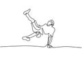 One continuous line drawing of young sporty break dancer man show hiphop dance style with casual shirt and wearing face mask.